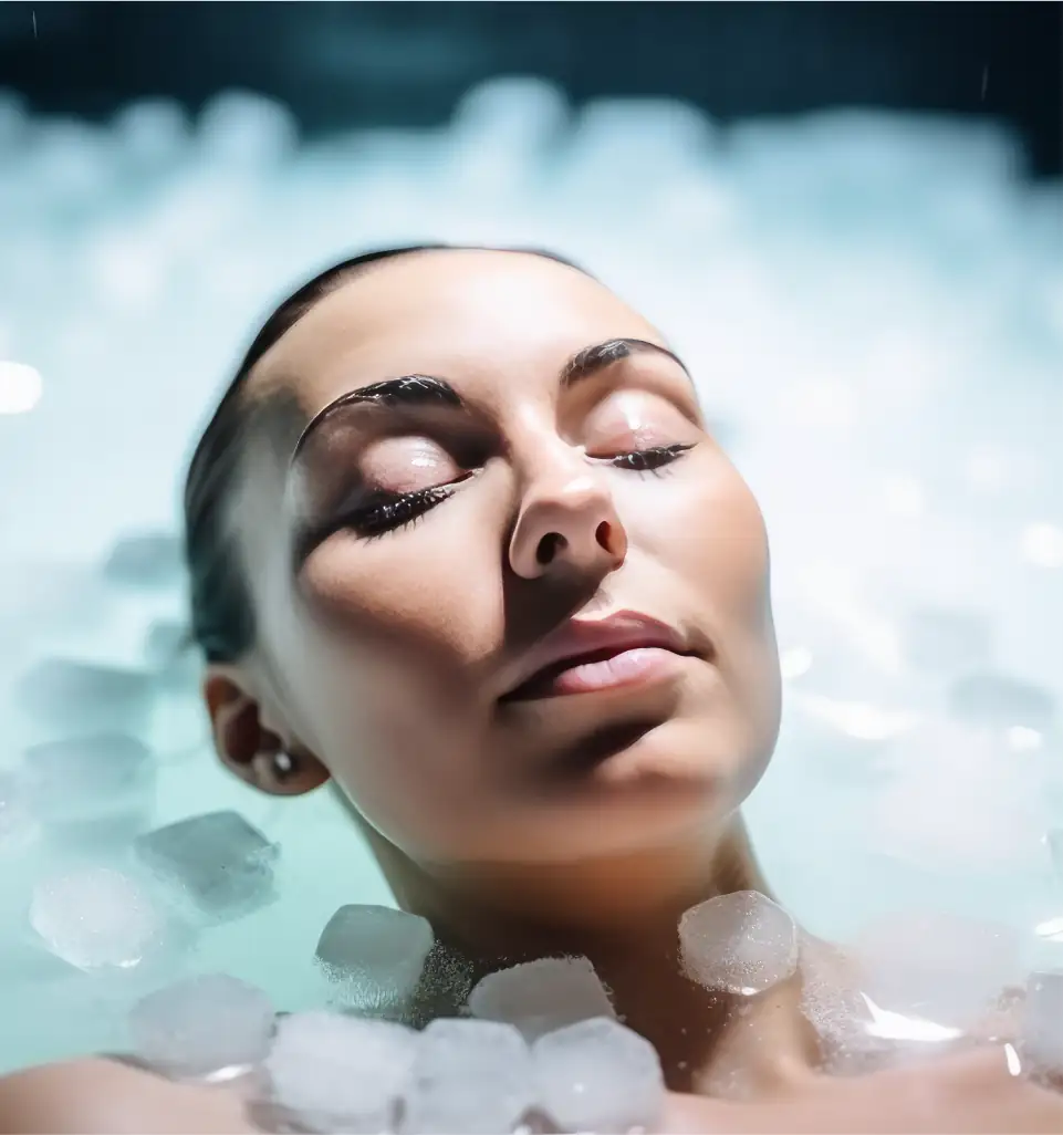 A headshot of a woman in an ice bath